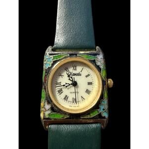 Xanadu Women's Quartz Watch Green Leather Band Enamel Floral Rectangular Case